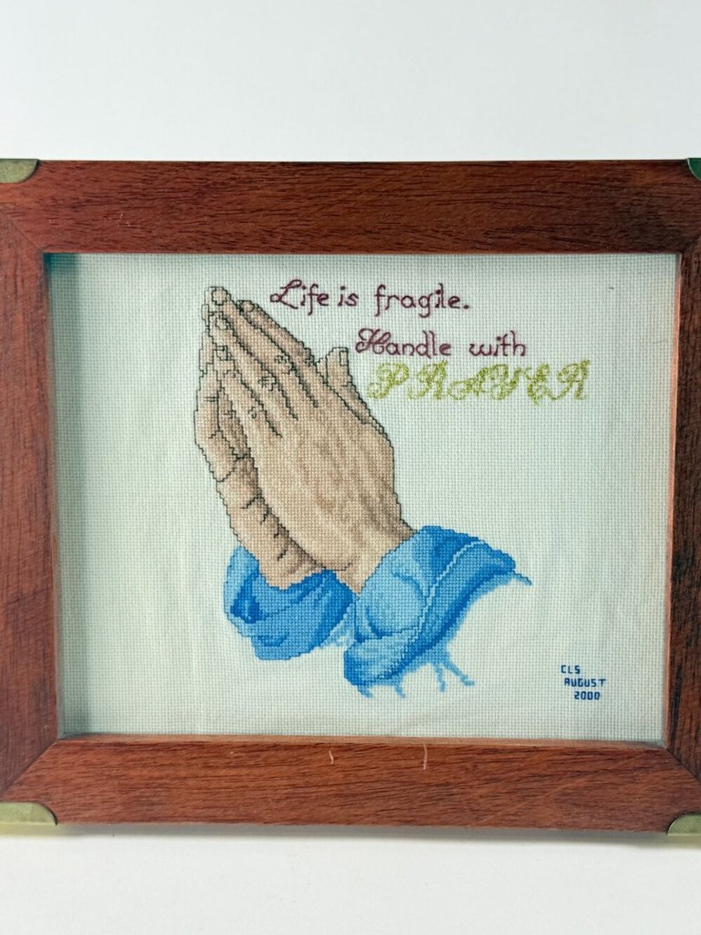 VFTG Framed Embroidered Praying Hands Wall Art Life Is Fragile Handle With Praye